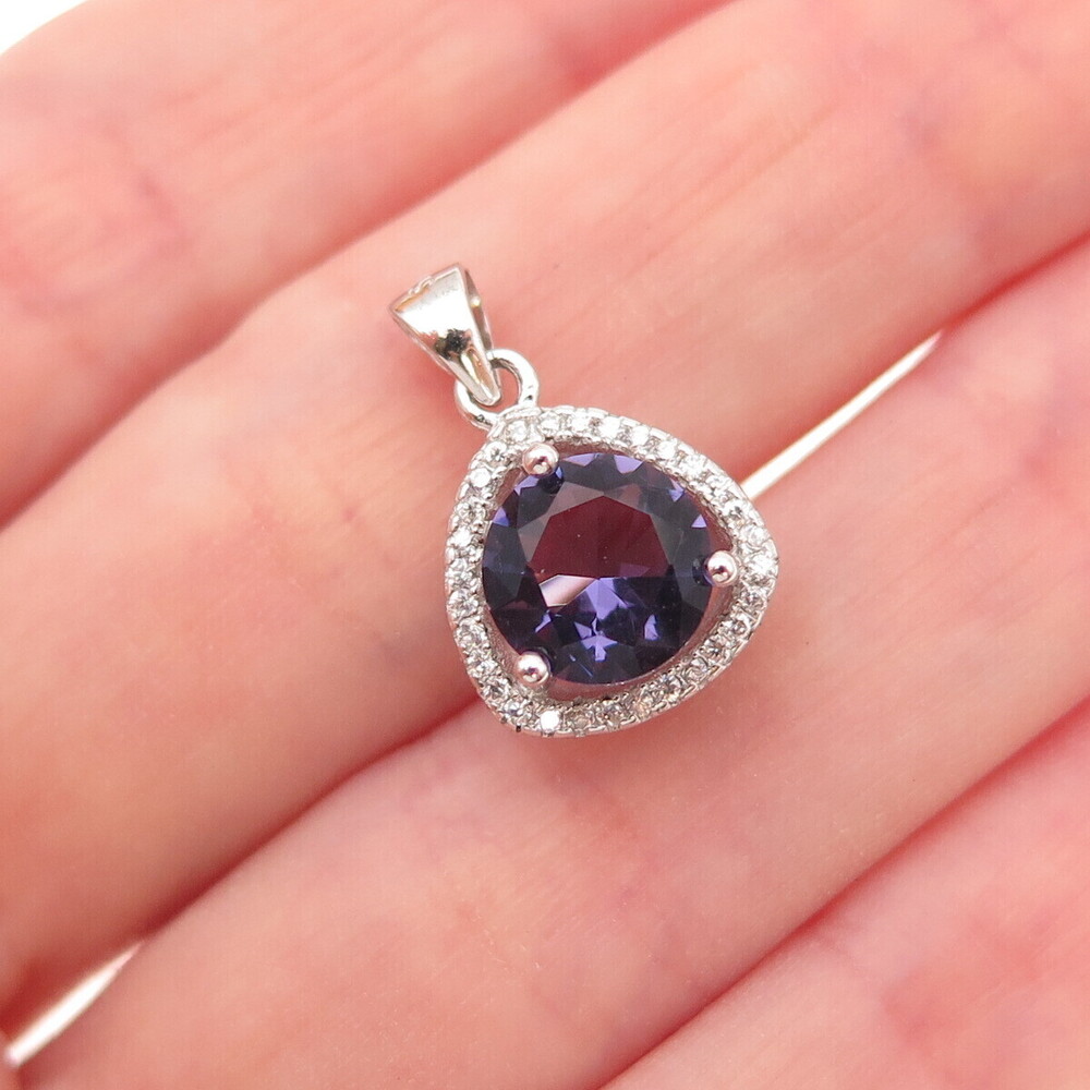 925 Sterling Silver Vintage Real Amethyst & C Z Charm Pendant